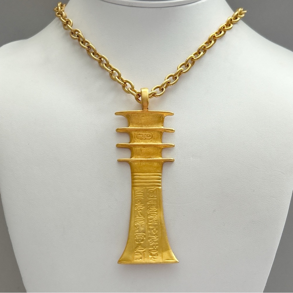 Vintage New Kenneth Jay Lane Gold King Tut Gold Djed Pillar Pendant Necklace